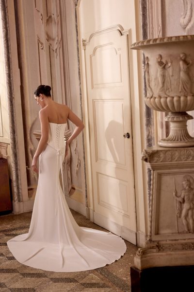 Back of a corseted wedding gown (2025 wedding dress trends)
