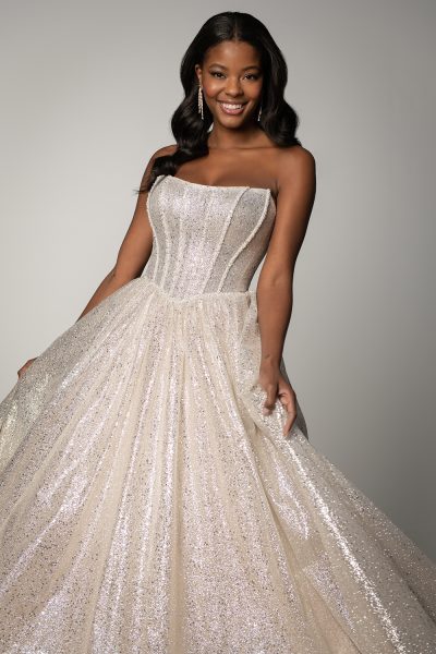 A woman wearing a sparkly ballgown (2025 wedding dress trends)